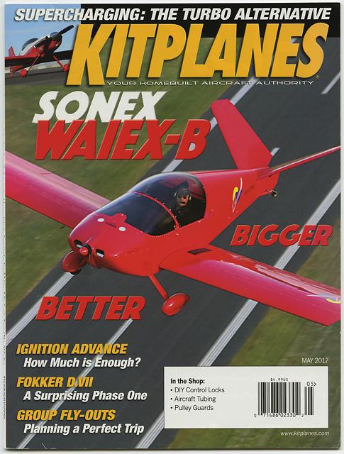 A magazine cover with a small red monoplane flying across. Headlines on the cover include ignition advice and group fly-outs.