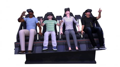 A computer generated image of four people of different ages sitting on a bench wearing VR headsets.