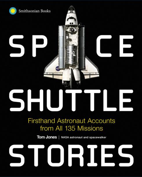 "Space Shuttle Stories" book cover featuring the top view of space shuttle on black background.
