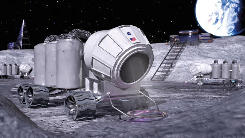The blue Earth looms large in the lunar sky as a truck with a bright violet heating element mounted on its front moves across the grey lunar surface. Small nondescript structures can be seen in the background.