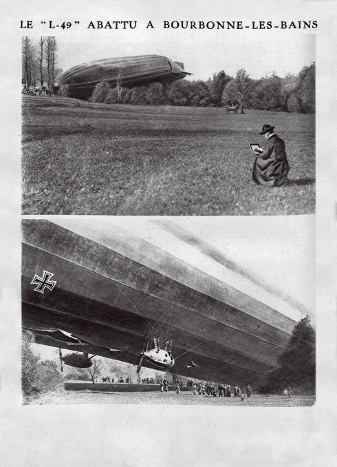 An old, black and white French newspaper page shows two images of a large airship on the ground in the countryside.