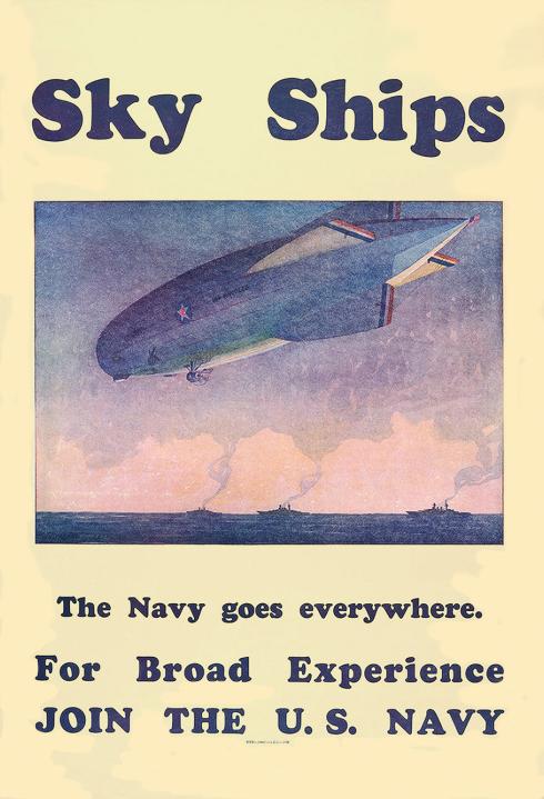 The poster reads: "Sky Ships. The Navy goes everywhere. For Broad Experience, JOIN THE U.S. NAVY"