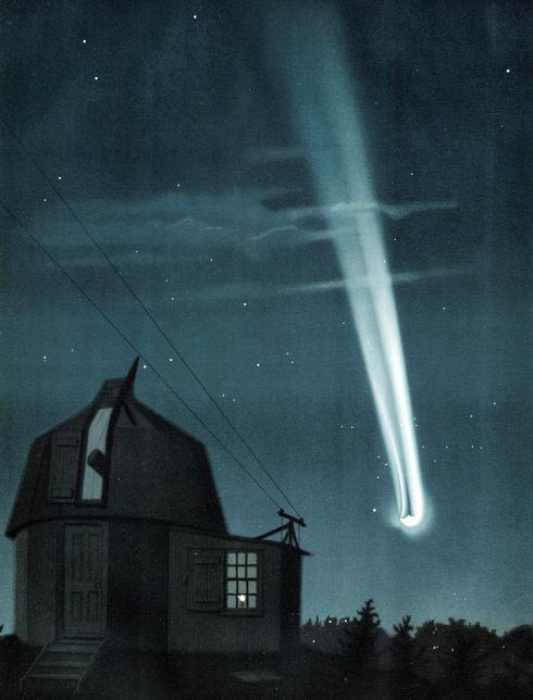 A bright white comet streams across a midnight blue sky in this pastel drawing. On the left of the drawing is a small observatory with a rounded roof and a large telescope. A smaller telescope sits on the roof.