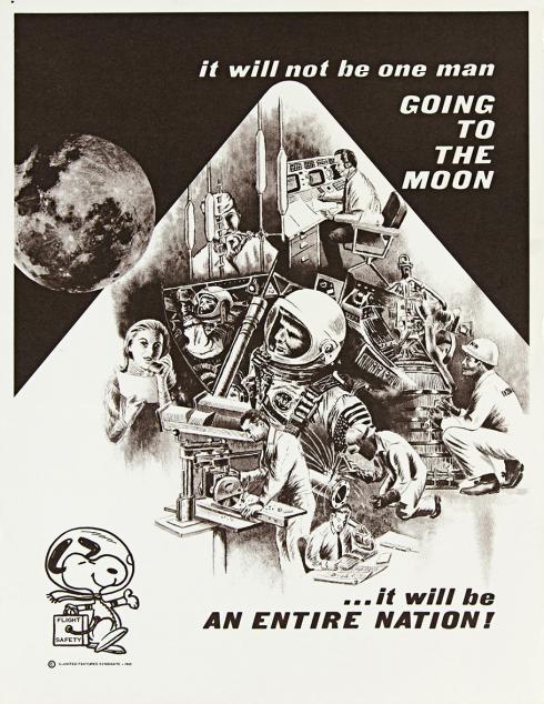 A black-and-white NASA poster is filled with sketches of personnel—including astronauts and technicians—and a drawing of Snoopy, a cartoon beagle, wearing a spacesuit in the bottom left corner. There is a moon in the upper left corner. The motivational poster says: "It will not be one man going to the moon...it will be an entire nation!"