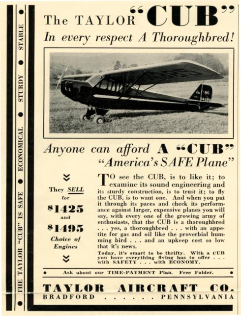 Advertisement for the Piper Cub, a monoplane with one engine. The advertisement features an image of an already produced Piper Cub in the top half of the image and information and persuasion to buy the plane is written below the photo.