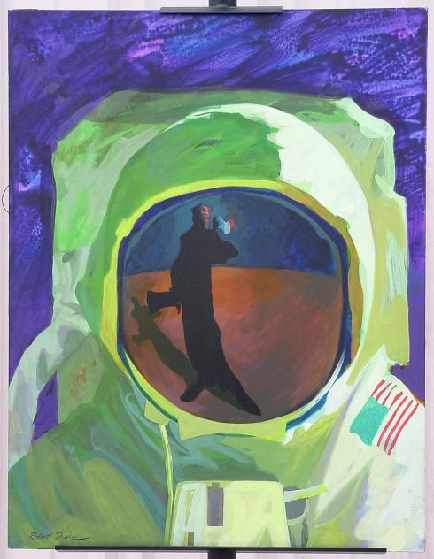 Oil painting featuring a U.S. astronaut wearing an astronaut suit. In the visor of the helmet, a reflection of a person holding a French flag can be seen.