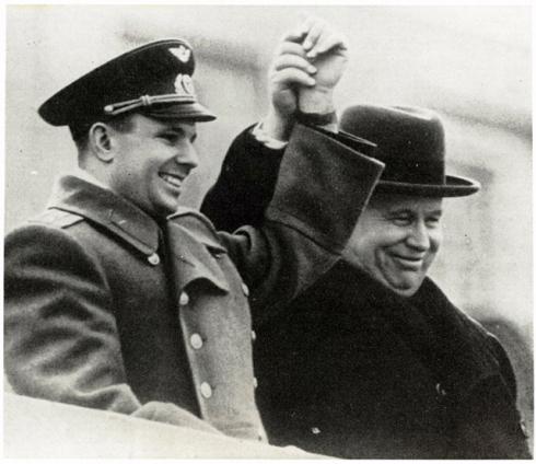 Gagarin and Nikita Khrushchev celebrate at Red Square.
