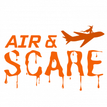 A graphic treatment of text that reads "Air and Scare." There is also a plane with a witch on it. 