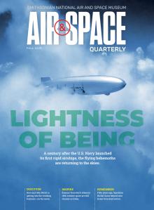A blue cover of "Air & Space Quarterly" with an airship on the cover and the title "Lightness of Being."