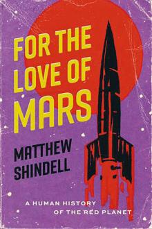 "For the Love of Mars" book cover art with black retro-style illustrated rocket on a red and purple background.