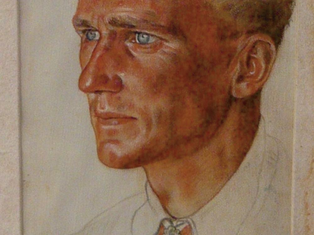 Painted portrait of Günter Rall, a white Luftwaffe pilot during World War II.