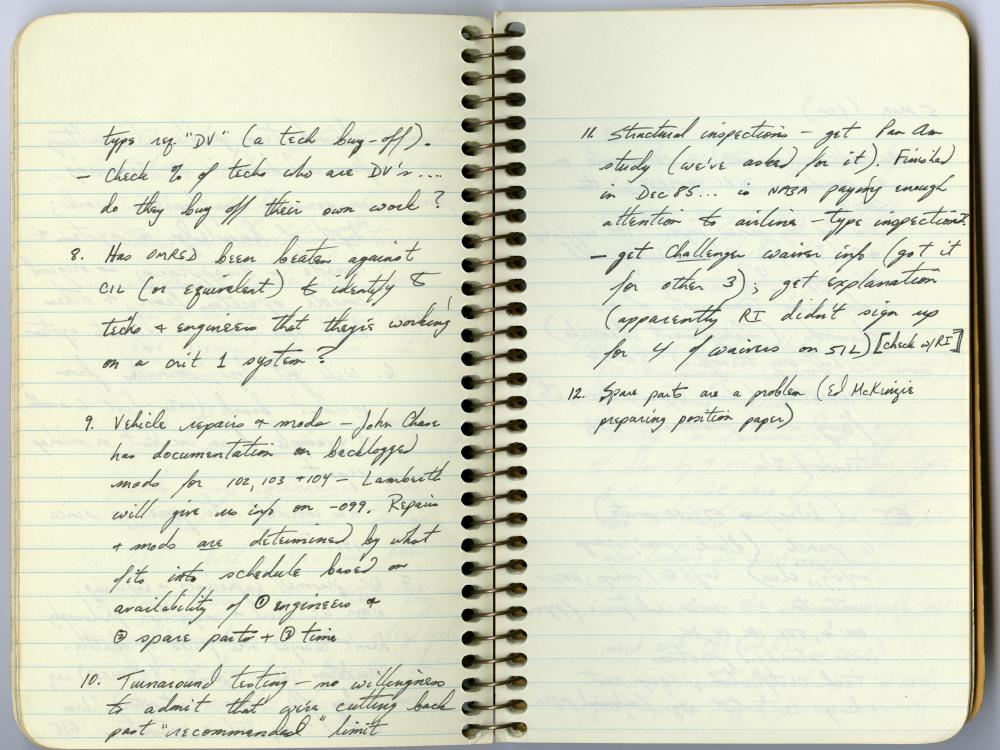 Two side-by-side pages of a notebook Sally Ride used to take notes during meetings following the Space Shuttle Challenger incident.