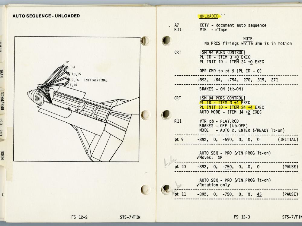 Set of two pages of a space manual owned by Sally Ride. The pages feature a drawing of the Space Shuttle Discovery with an arm-shaped device on board, with the other page featuring checklist items and handwritten notes from Sally Ride.