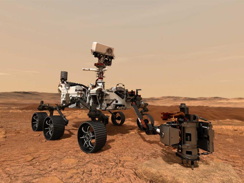 A rending of the Perseverance rover on the surface of Mars extending an arm and drilling. 