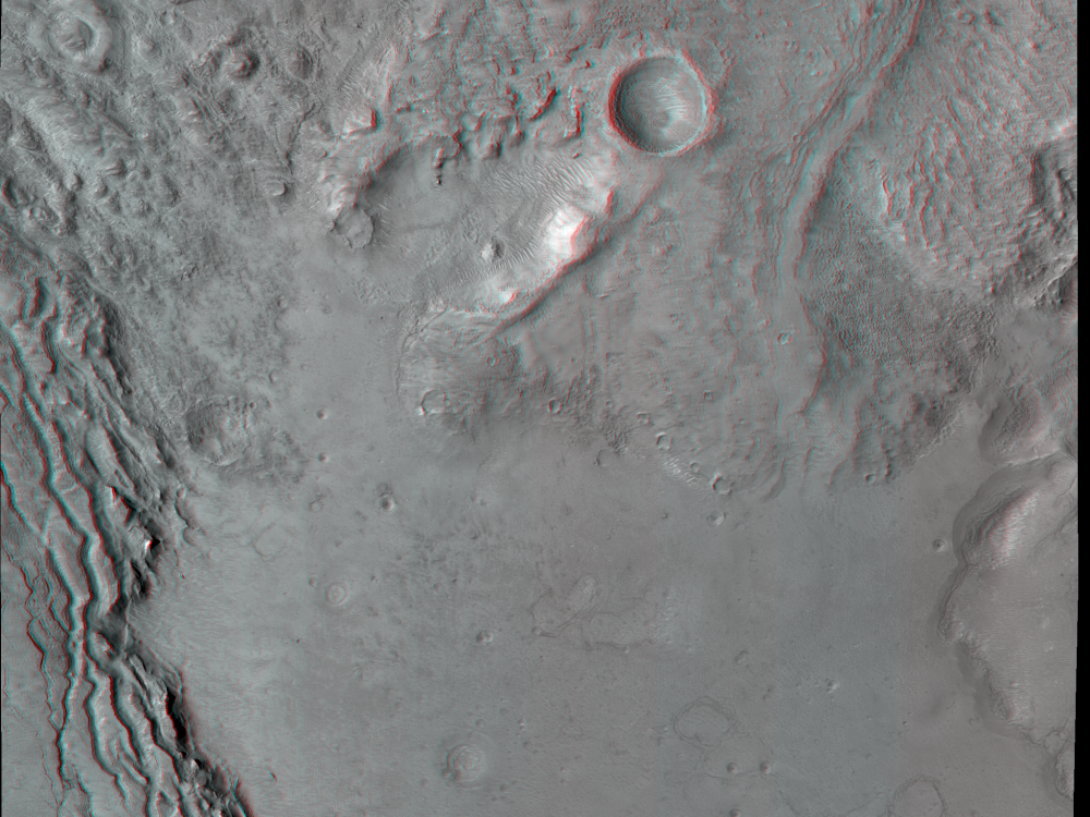 Anaglyph (3D image) of fractured crater fill in Mars’ northwestern Arabia Terra, grey rough surface.