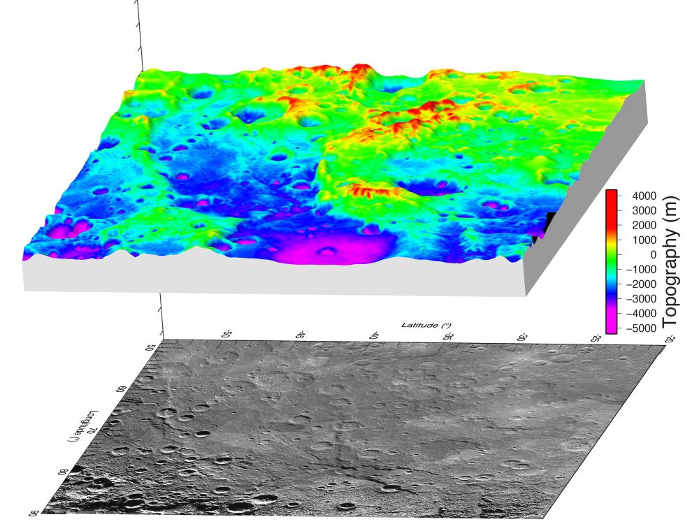 A three-dimensional model showing the elevations of a section of Mercury is shown above a satellite view of the same area of Mercury.