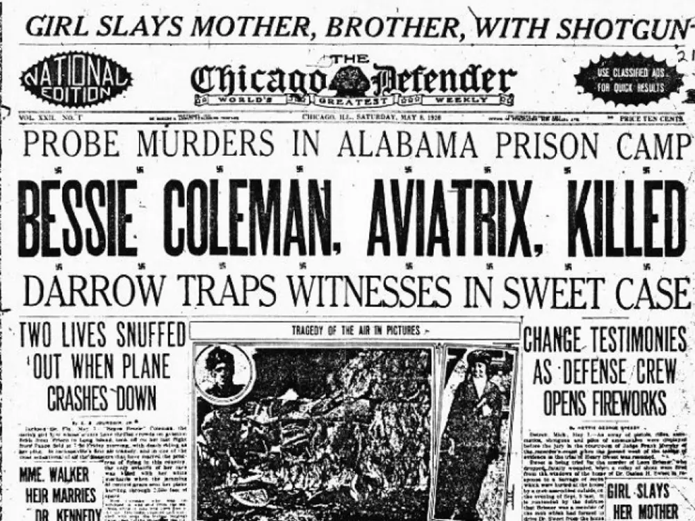 A newspaper front page reading "Bessie Coleman, Aviatrix, Killed."