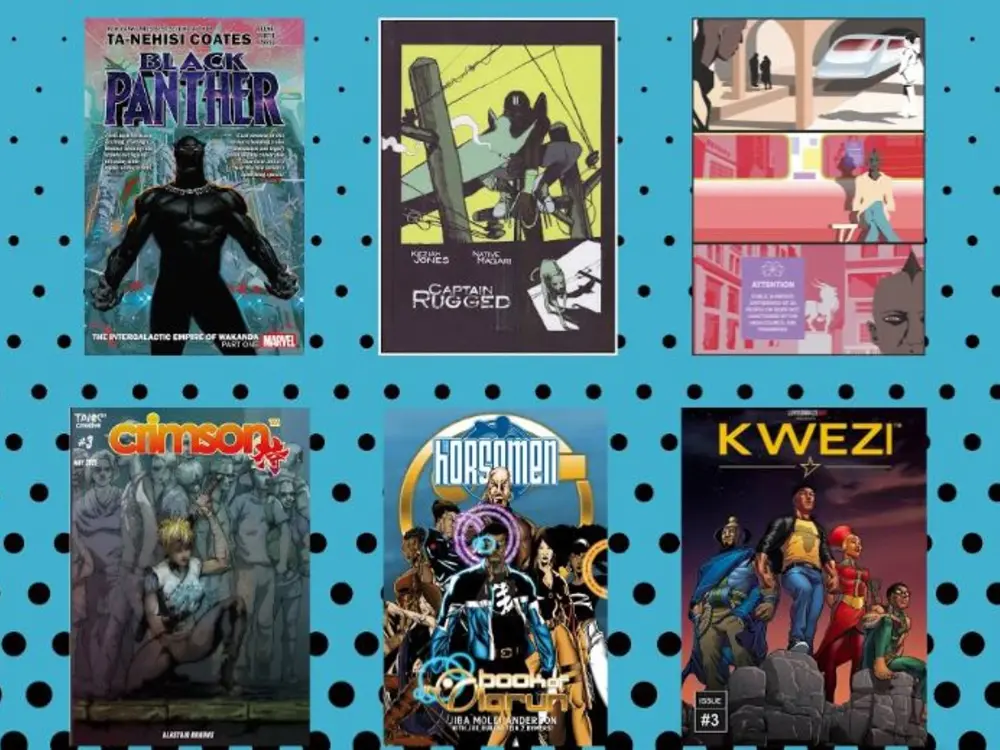 A pictures showing a variety of comic books on a blue background.