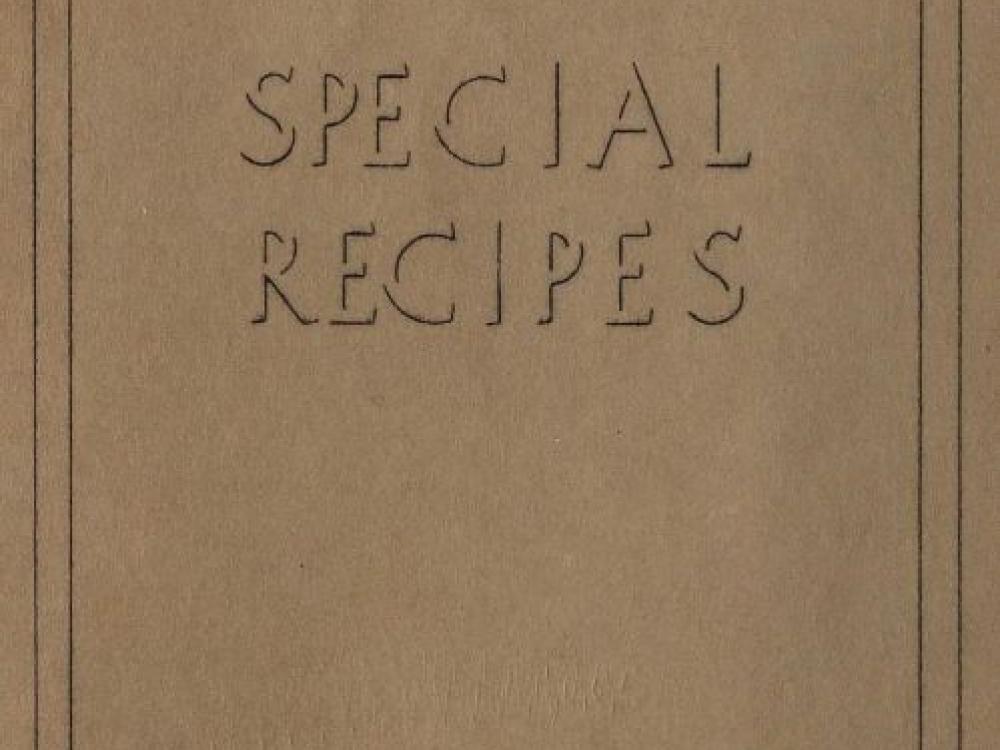 Cover Page, brown paper with two punched holes centered along the upper part of the page. Text in first two rows: "Headquarters District 'H' CCC / Fort Benning GA." Centered text in outline font "Special Recipes." Smaller text in lower right corner, "September 1, 1936" 