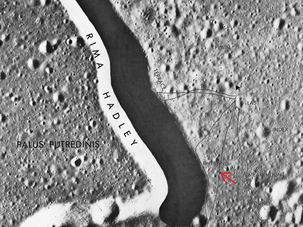 A illustration of a map showing Apollo 15 landing site with rover traverses.