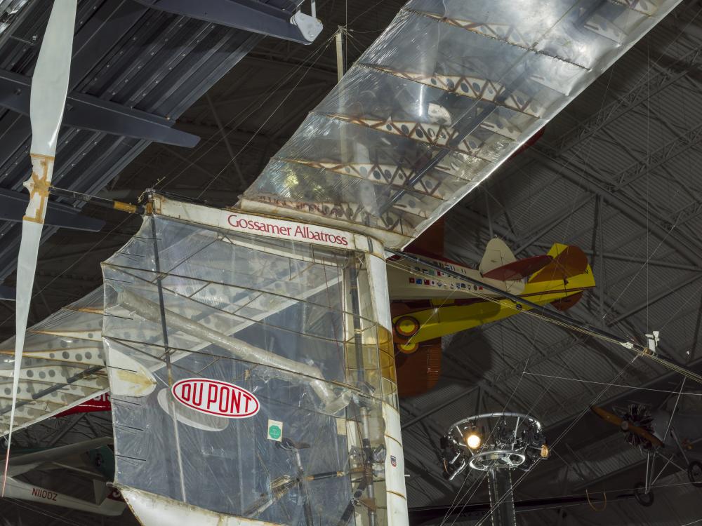 Close up Image of an aircraft hanging in a gallery.