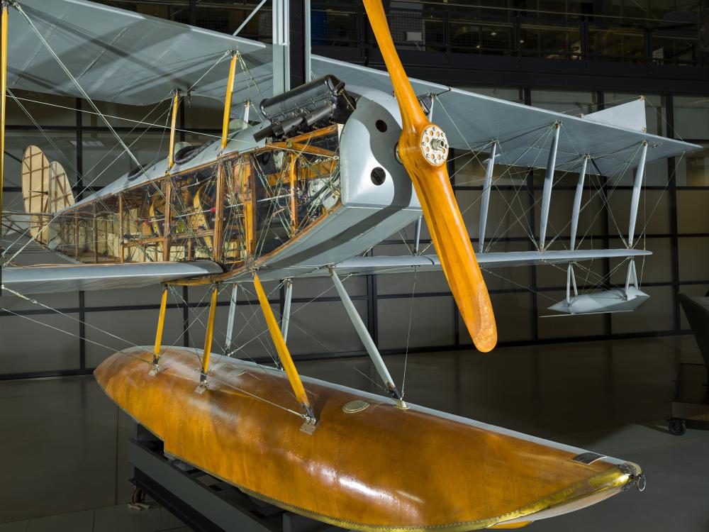 View of the front of a seaplane.  