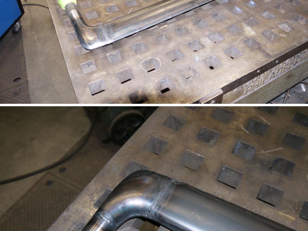 [Top] One radar mast fully welded. [Bottom] Detail view of the elbow welded in place.