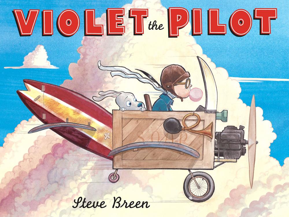 Illustrated book cover for Violet the Pilot, showing a girl and dog in a homemade machine.