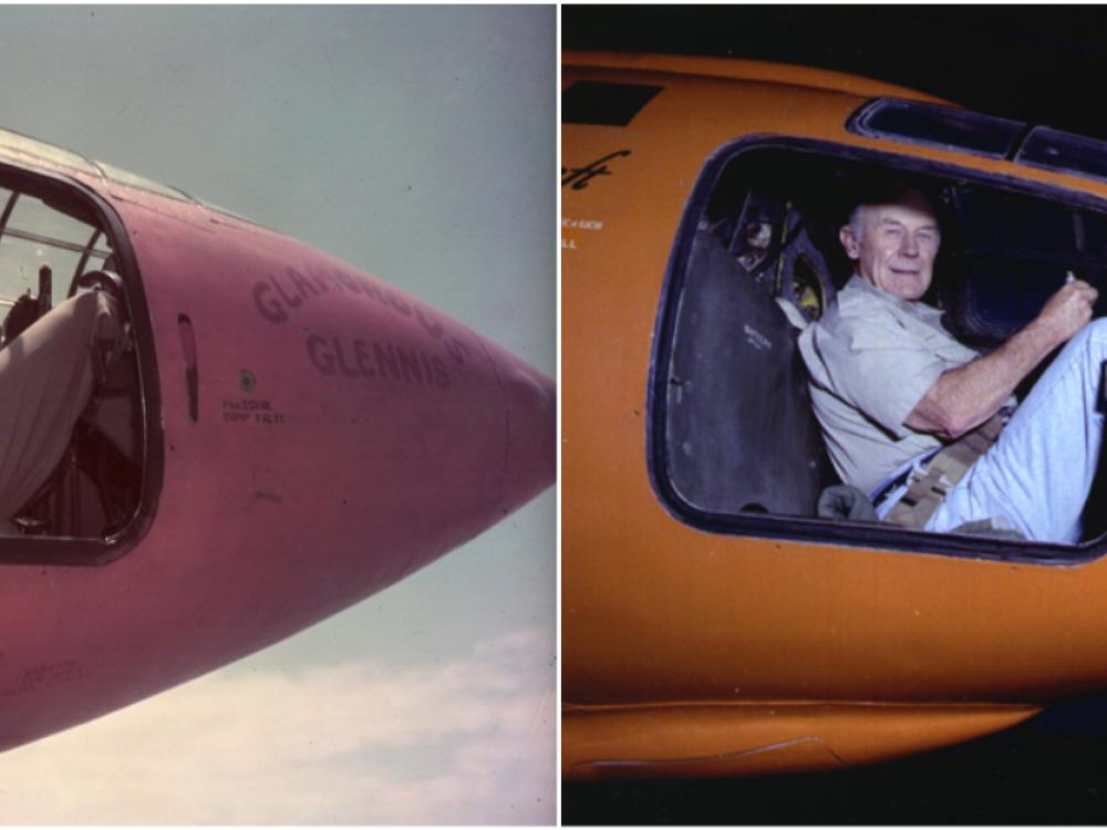 An side by side comparison of Chuck Yeager in the Bell X-1 in 1948 and in 1997.