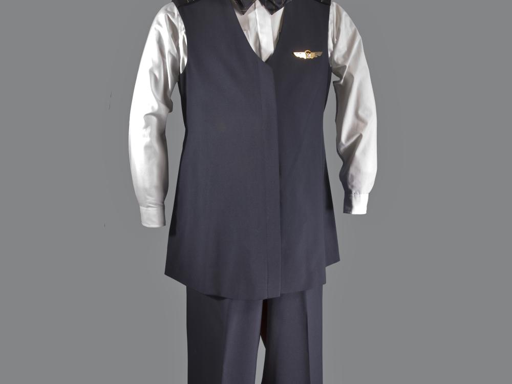 A photograph of a United Airlines' maternity uniform on a mannequin. 