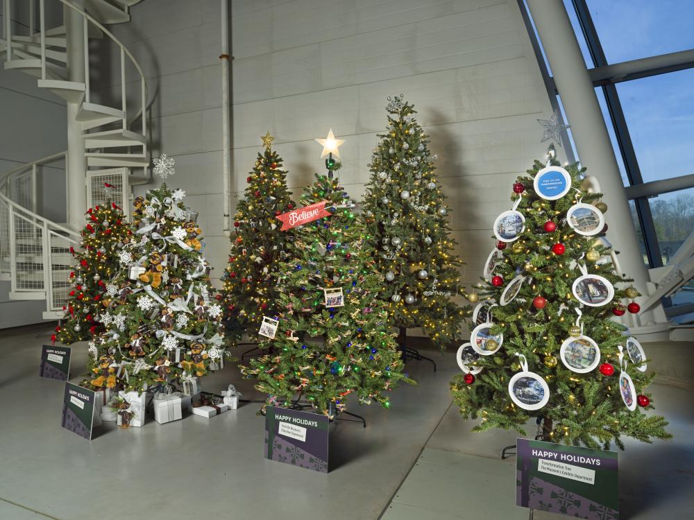 Christmas trees decorated in aviation and space themes 