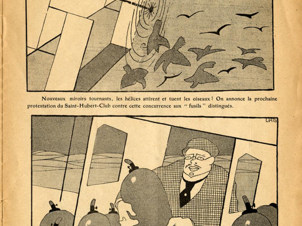 Two panels. The top one features birds flying into a propellor. The bottom one features a person in an airplane holding oxygen cannisters.