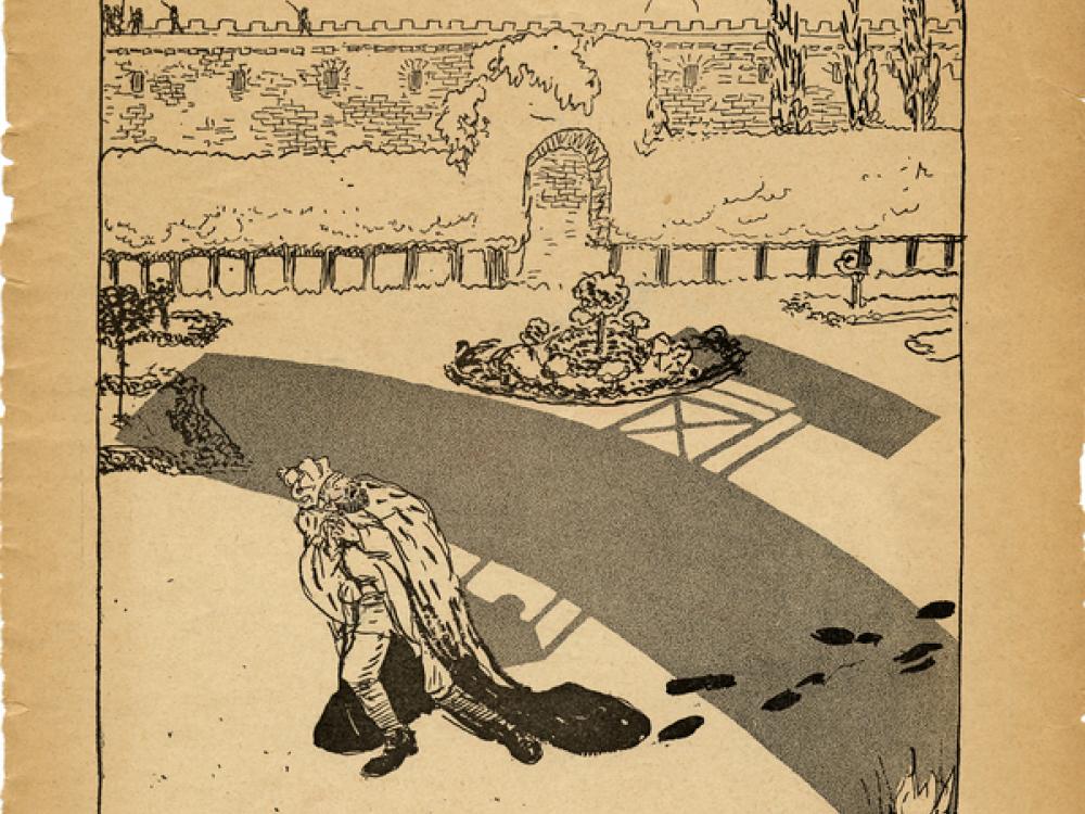 A king walks through a courtyard in a hunched over, defeated manner as the shadow on an airplane follows him from above.