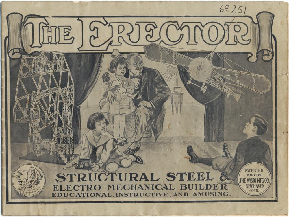 A drawing of a man with a child on his lap, with two children playing in the foreground. Models of an airplane and ferris wheel are also in the room. "The Erector" is written across the top.