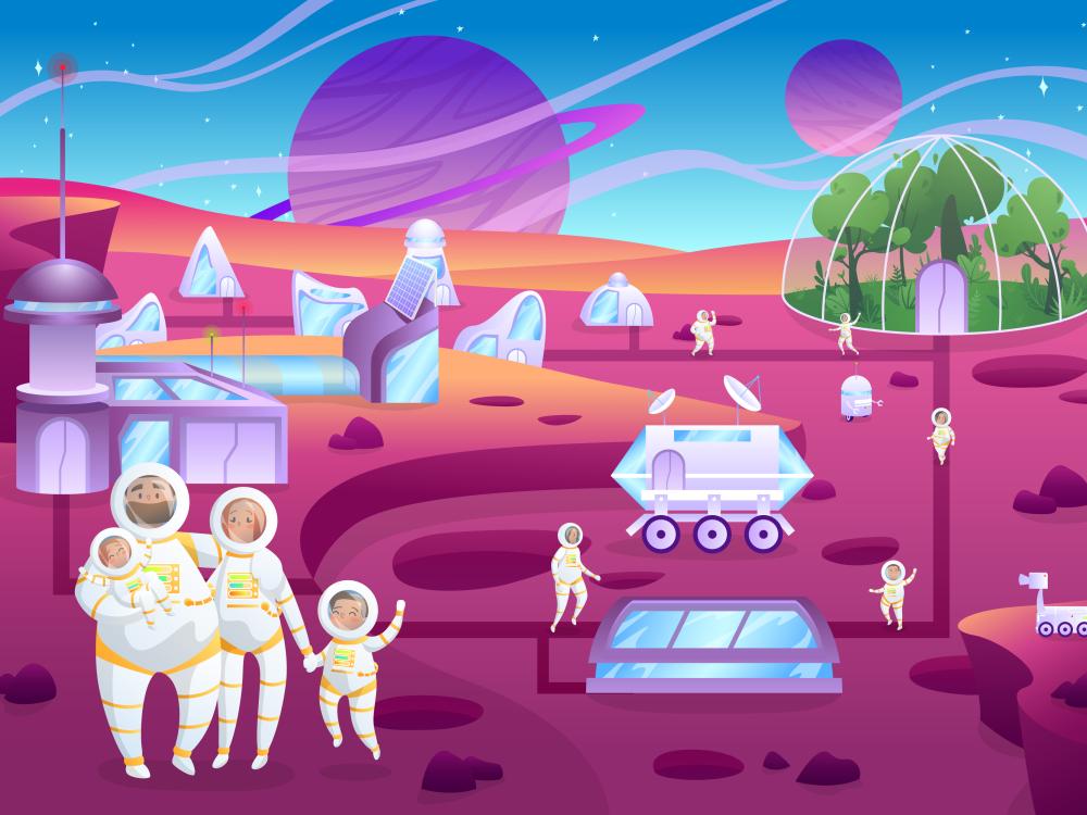 A family in spacesuits stands in the foreground of an alien planet, with rovers and biomes on it. Planets appear in the background. 