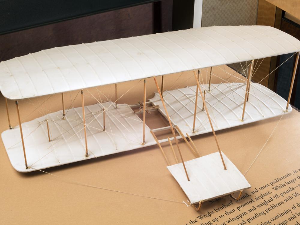 Wood and tissue exhibit model of the 1901 Wright glider in overall natural color scheme. 1/16 scale.