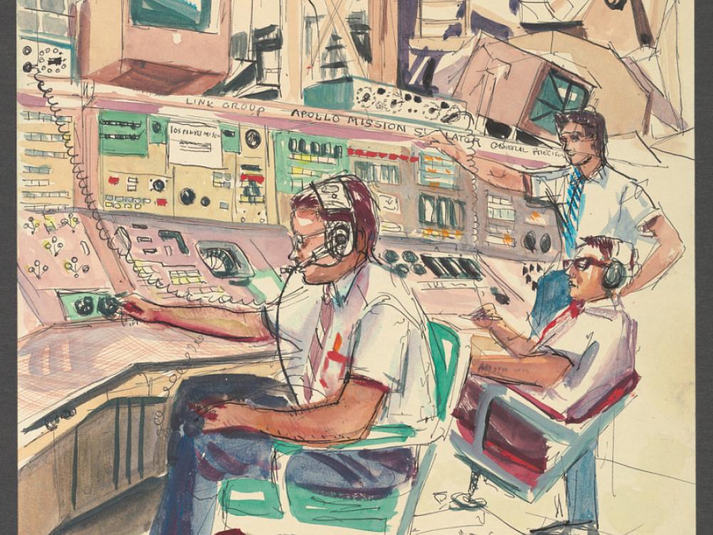 A watercolor painting depicting three people at a control board all carrying out different activities.