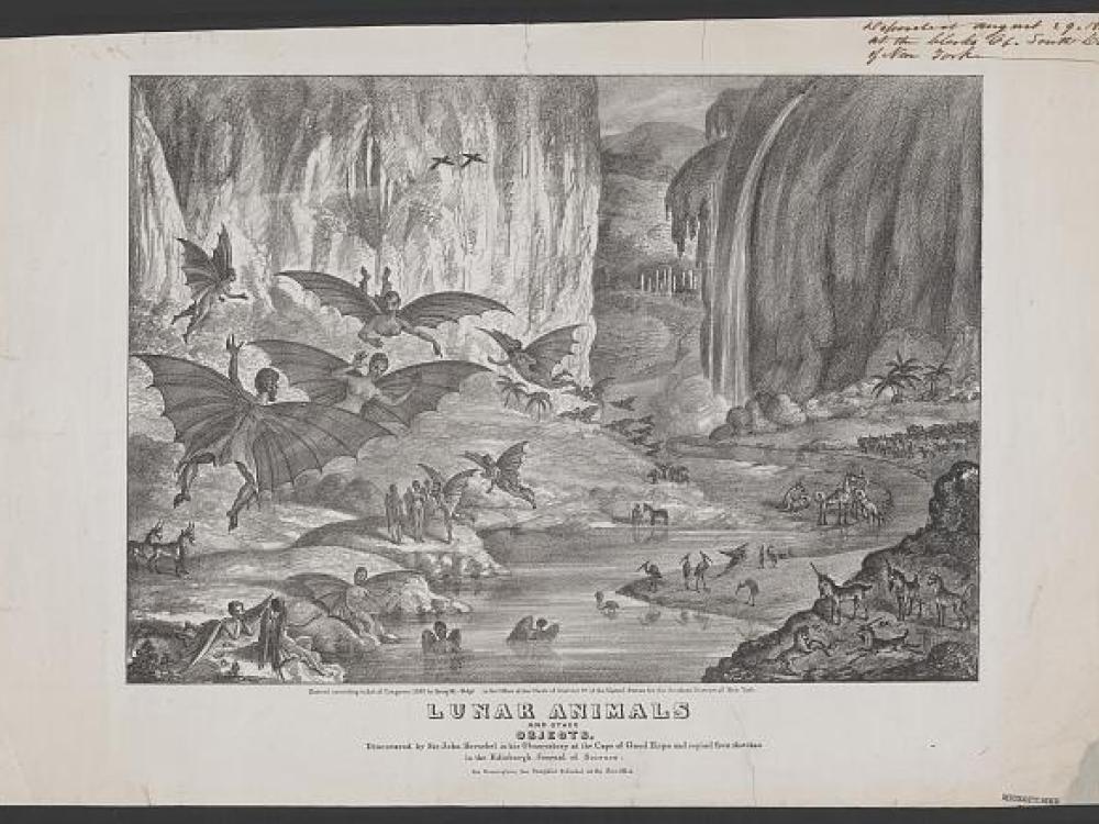 An illustration of winged human-like creatures flying through a valley with a river flowing through it.