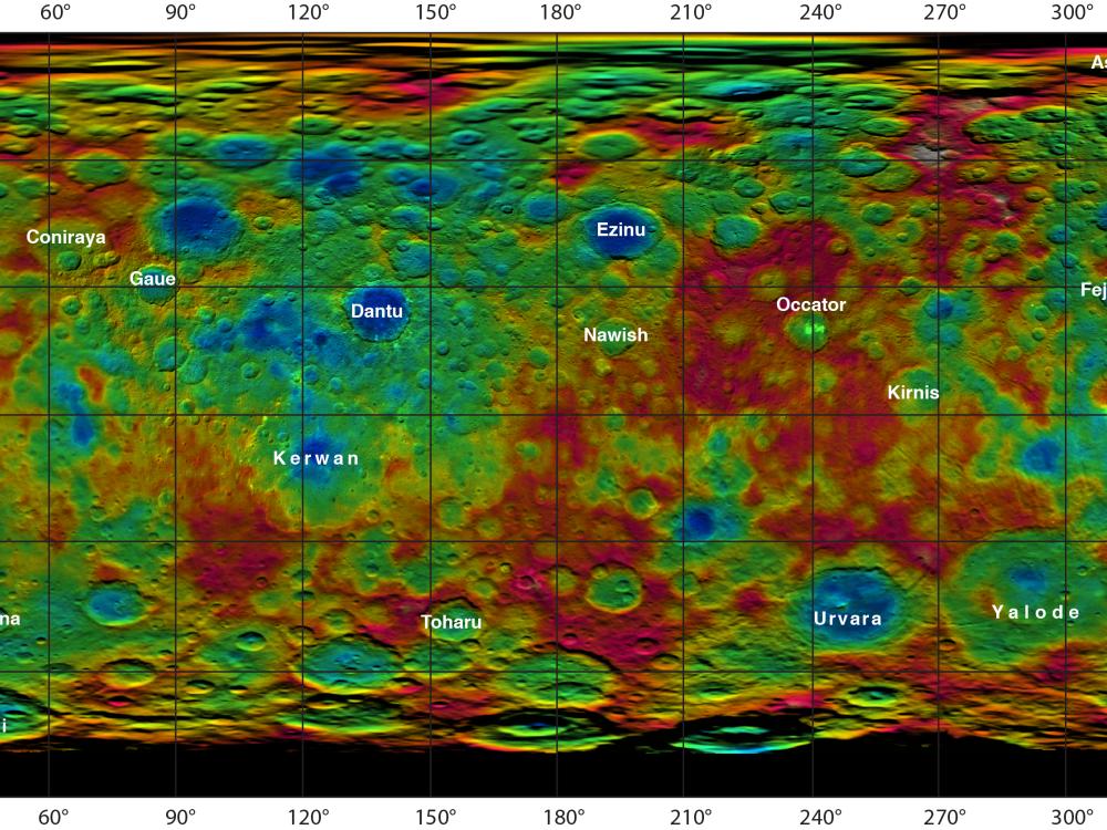 A topographic map showing the various elevations on Ceres, a dwarf planet. High points are in white whereas low points are in blue.