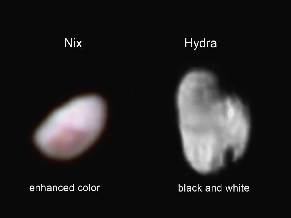 Two fuzzy celestial bodies. The one of the left is reddish-white and the one of the right is black and white.