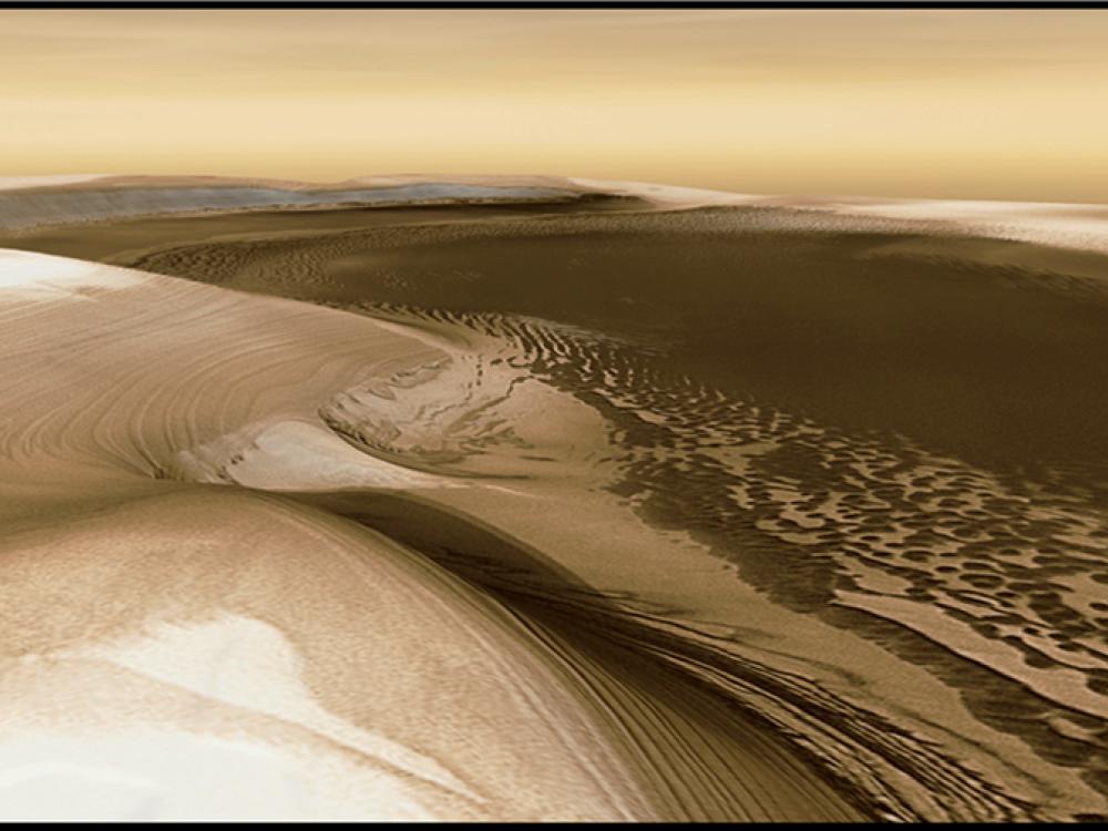 A simulated image of Mars' surface featuring dunes and a large flat valley.