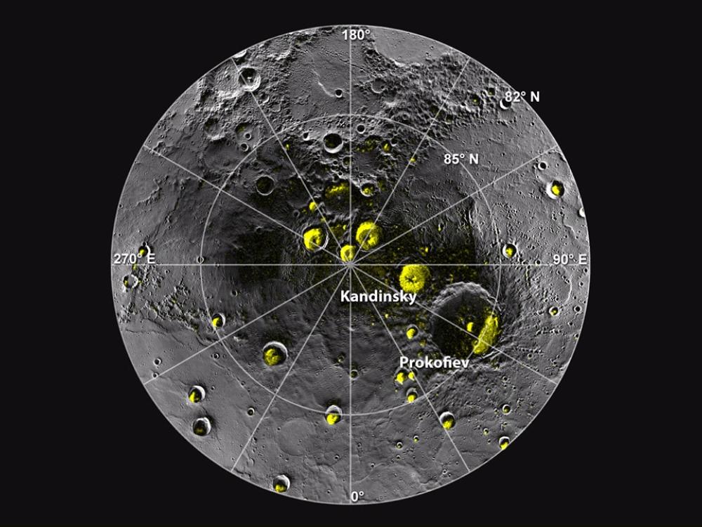 A view of mercury's north pole. Polar deposits are noted by yellow.