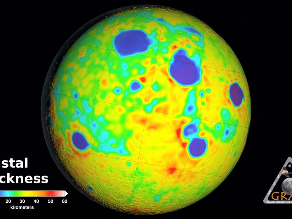 A map of the moon showing the thickness of its crust is various places. Most of the surface ranges from 25-40 kilometers with several patches that are between 0-20 kilometers thick.