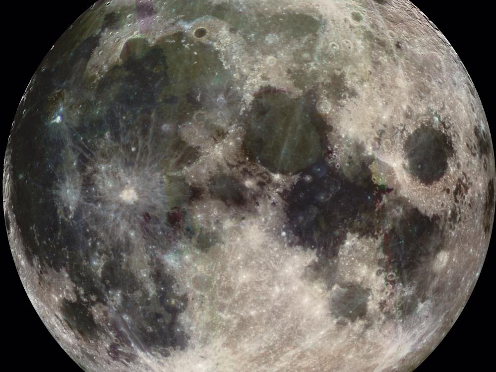 A color photo of the Moon.