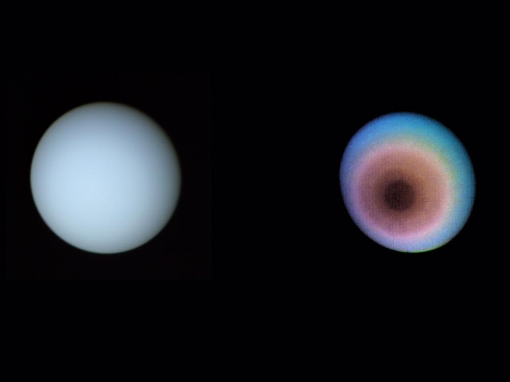 Two pictures of Uranus. The one on the left is solid blue and the one of the right has a gradient of colors from blue and moving into red by the center of the planet.