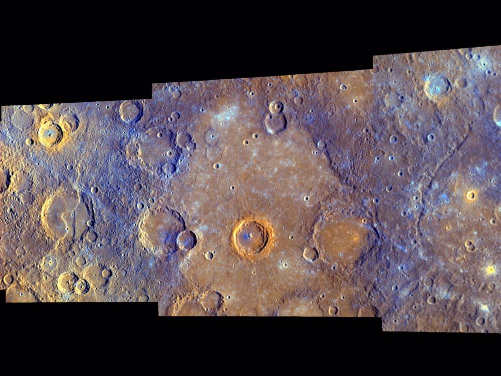 Five rectangular images of the surface of Mercury next to each other, each showing the surface with different hues of purple, orange, yellow, and brown.