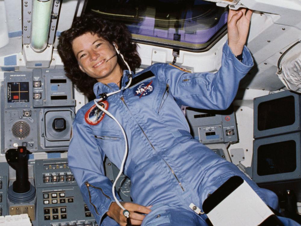 Sally Ride floats in the cramped interior of the space shuttle, during the 1983 mission where she became the first American woman in space.