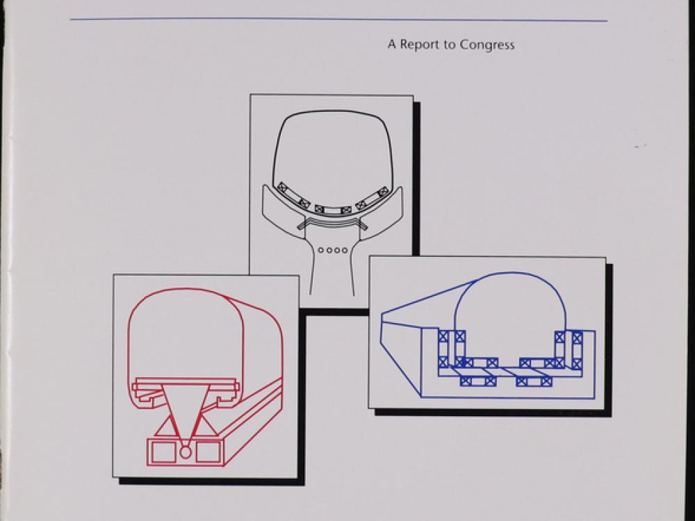 Assessment of the Potential for Magnetic Levitation Transportation Systems in the United States. A Report to Congress. Center contains three-line drawings of maglev transportation.  Bottom left: Moving American New Directions, New Opportunities with a blue squiggle drawing.  Bottom right: June 1990. 