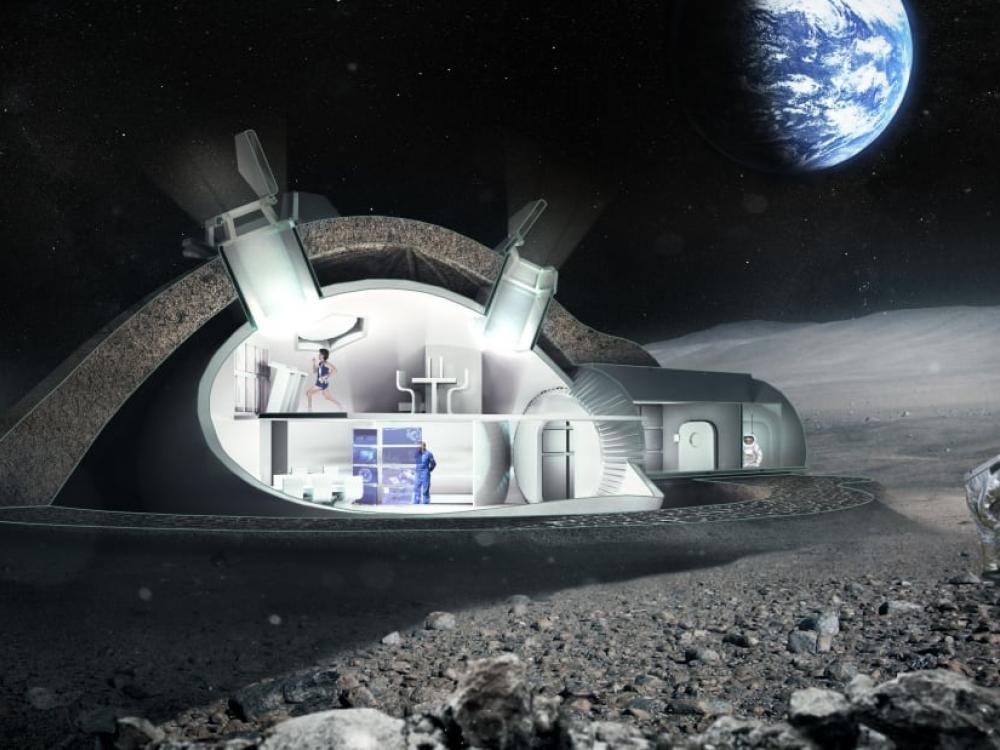 An illustration of a dwelling in space. Someone runs on a treadmill on a second floor of a bunker, while someone stands below, and someone is in a space suit outside. 