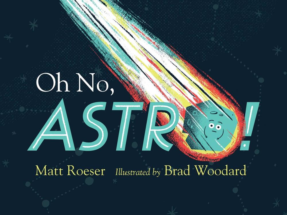 A book cover for "Oh No, Astro!" The cover has a dark background and a teal asteroid on it. 